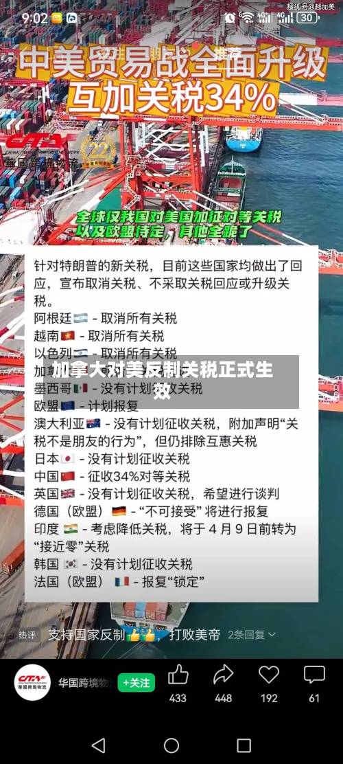 加拿大对美反制关税正式生效