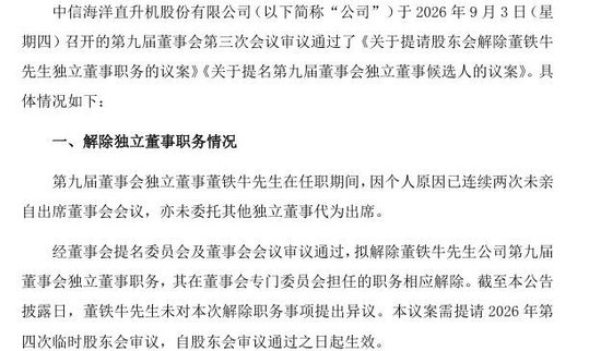 任职仅1个月	，中信海直独董因连续缺席会议遭解职